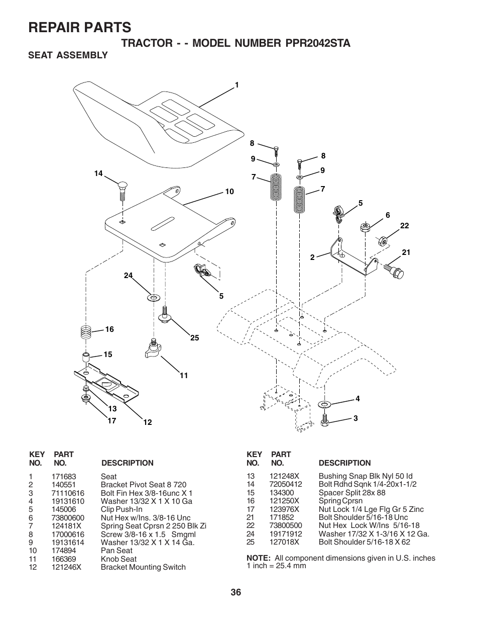 Repair parts, Tractor - - model number ppr2042sta | Poulan 181377 User Manual | Page 36 / 48