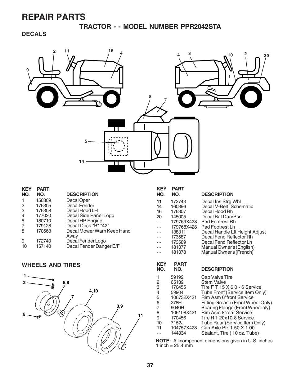Repair parts, Tractor - - model number ppr2042sta | Poulan 181377 User Manual | Page 37 / 48