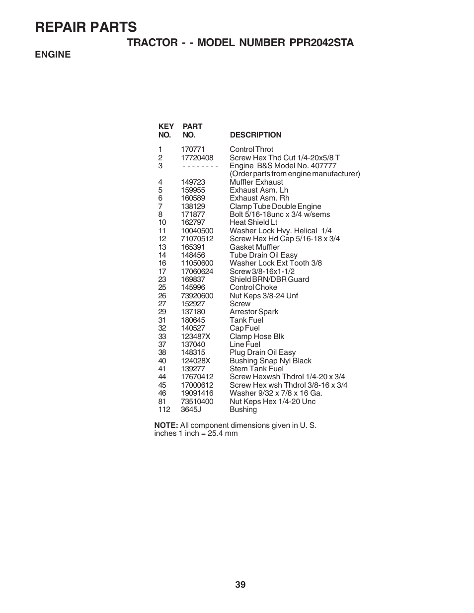 Repair parts, Tractor - - model number ppr2042sta | Poulan 181377 User Manual | Page 39 / 48