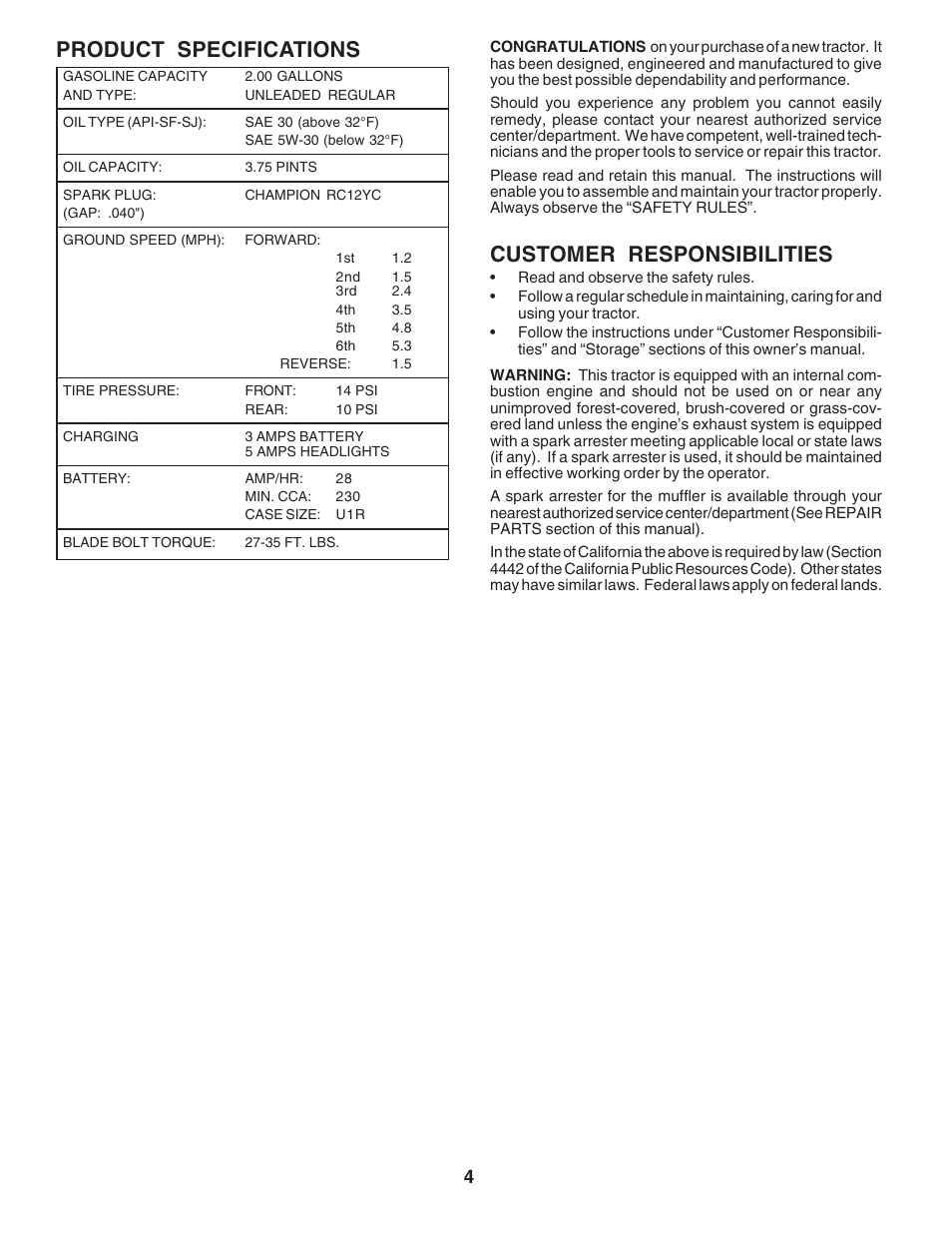 Customer responsibilities, Product specifications | Poulan 181377 User Manual | Page 4 / 48