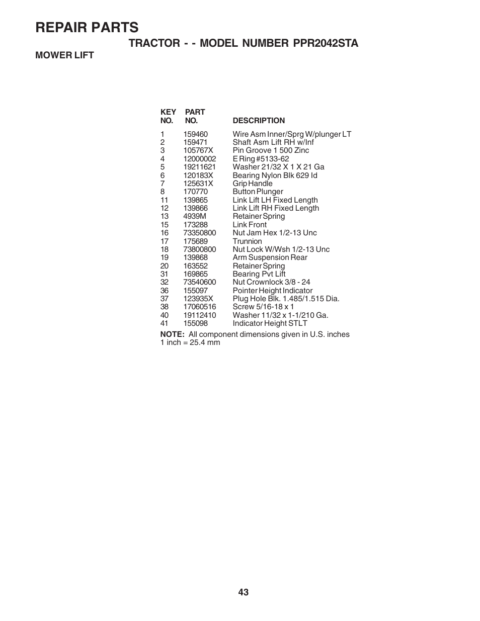 Repair parts, Tractor - - model number ppr2042sta | Poulan 181377 User Manual | Page 43 / 48