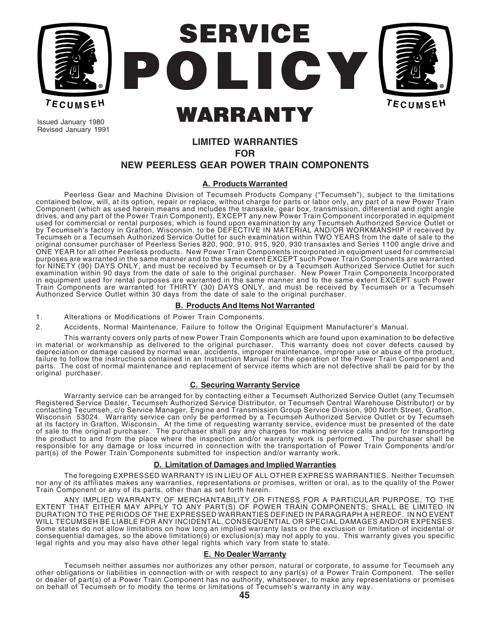 Policy, Service, Warranty | Poulan 181377 User Manual | Page 45 / 48