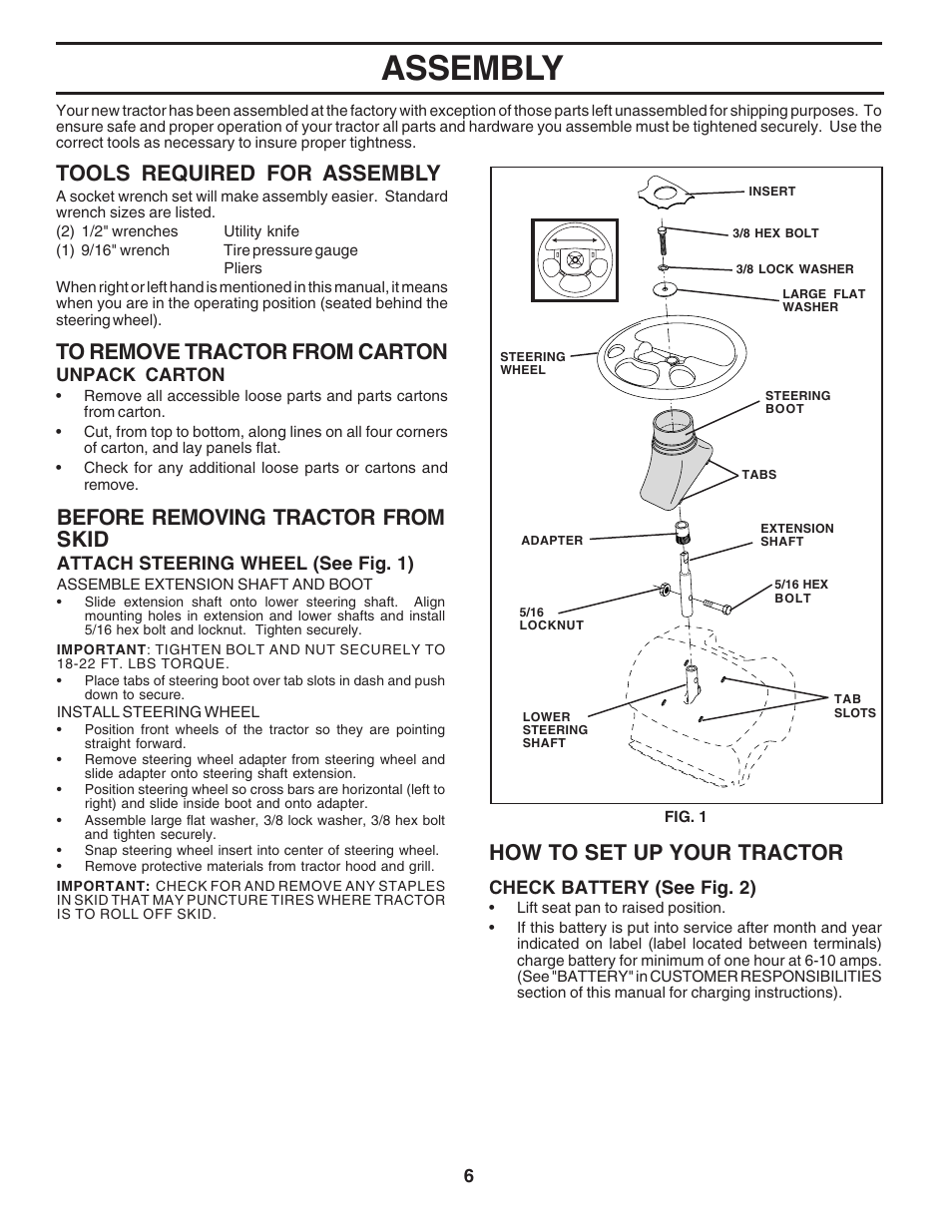 Assembly, Tools required for assembly, How to set up your tractor | Before removing tractor from skid | Poulan 181377 User Manual | Page 6 / 48