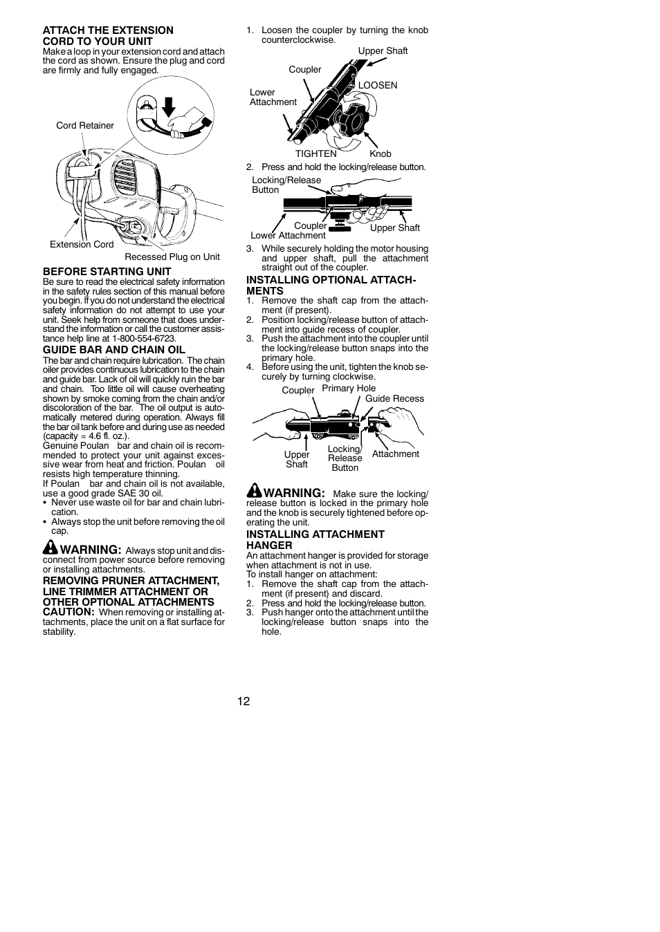 Warning | Poulan 115260526 User Manual | Page 12 / 20