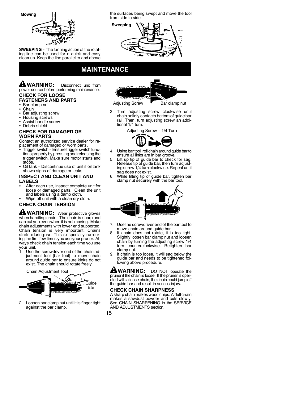 Maintenance, Warning | Poulan 115260526 User Manual | Page 15 / 20