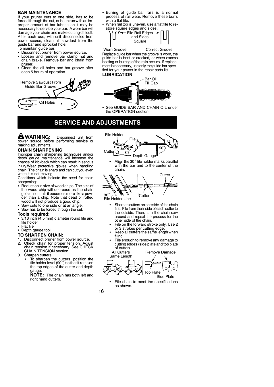 Service and adjustments, Warning | Poulan 115260526 User Manual | Page 16 / 20