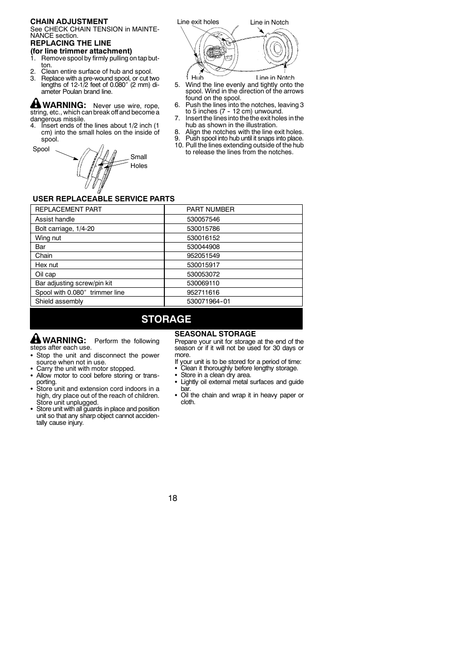 Storage, Warning | Poulan 115260526 User Manual | Page 18 / 20