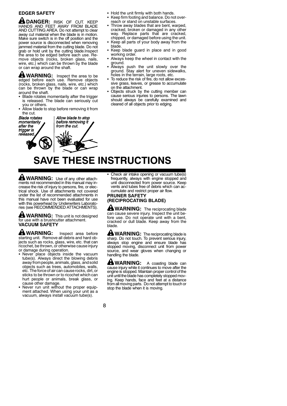 Save these instructions, Danger, Warning | Poulan 115260526 User Manual | Page 8 / 20