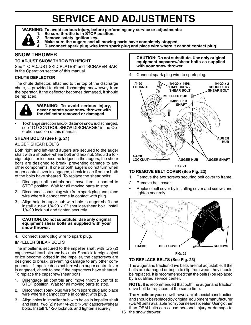 Service and adjustments, Snow thrower | Poulan 199342 User Manual | Page 16 / 20