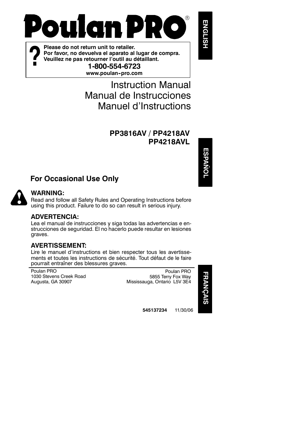 Poulan Pro PP3816AV User Manual | 19 pages