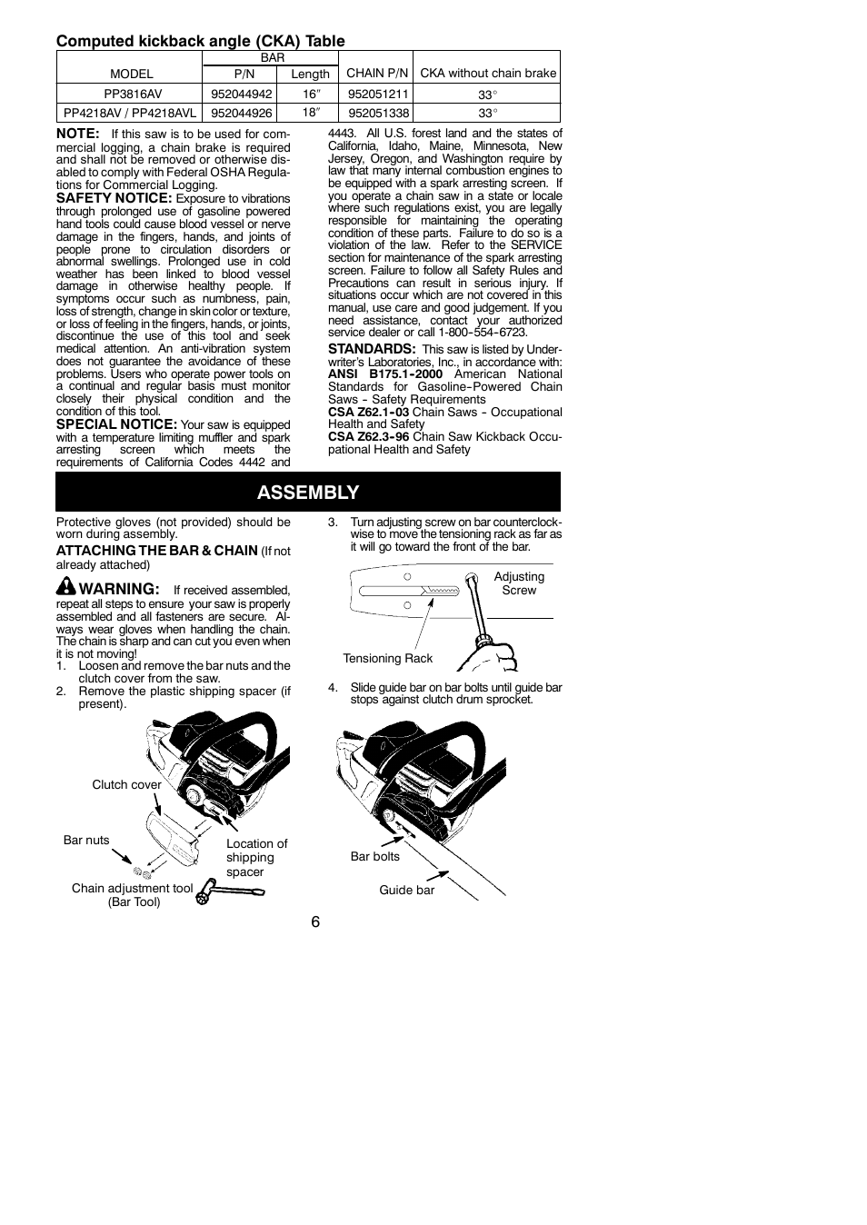 Assembly, 6computed kickback angle (cka) table, Warning | Poulan Pro PP3816AV User Manual | Page 6 / 19