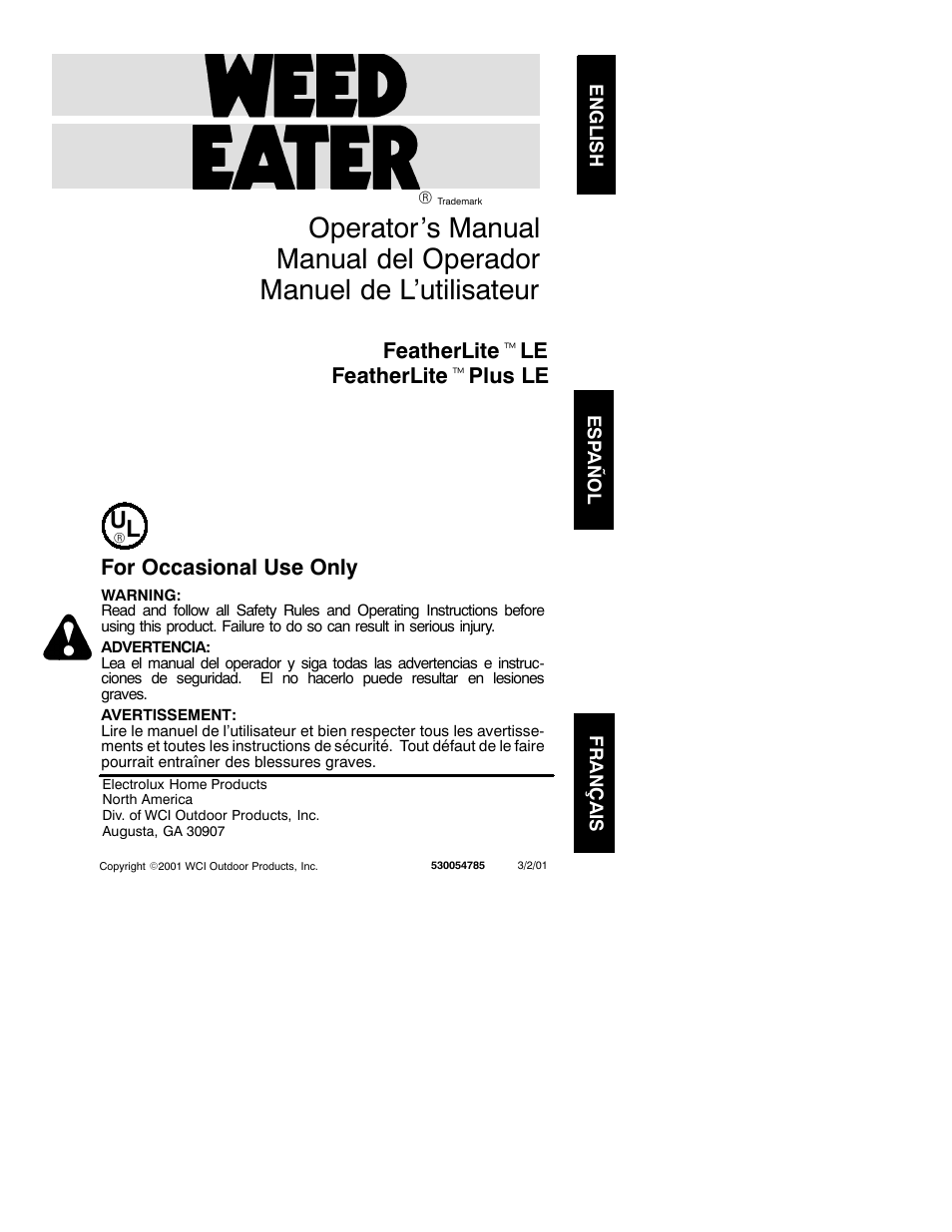 Poulan FeatherLite 530054785 User Manual | 7 pages