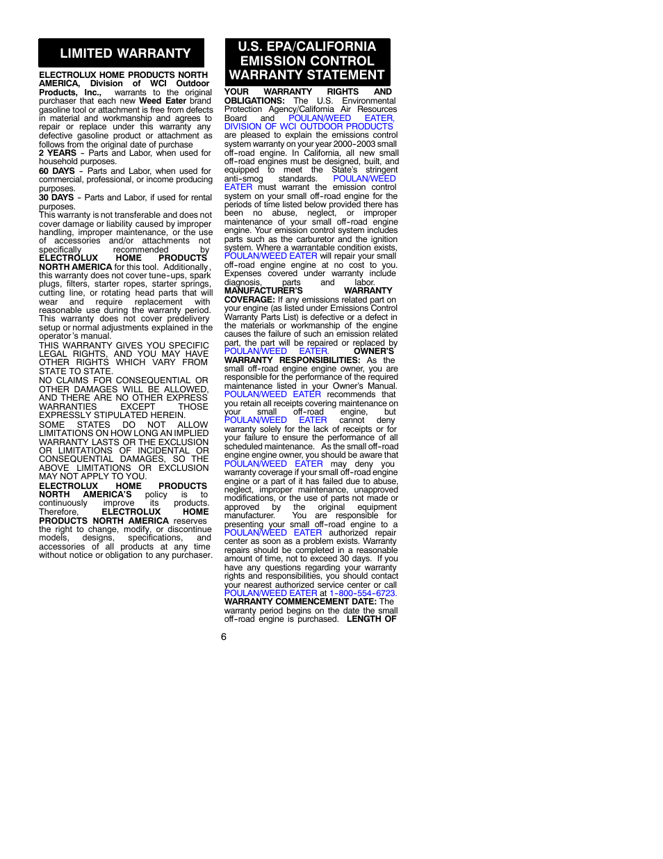 Limited warranty | Poulan FeatherLite 530054785 User Manual | Page 6 / 7