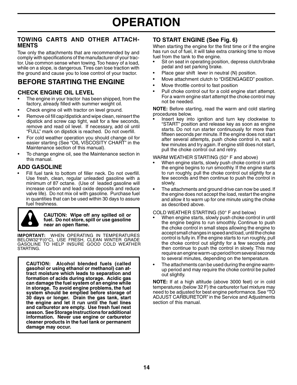 Operation, Before starting the engine | Poulan 184433 User Manual | Page 14 / 48