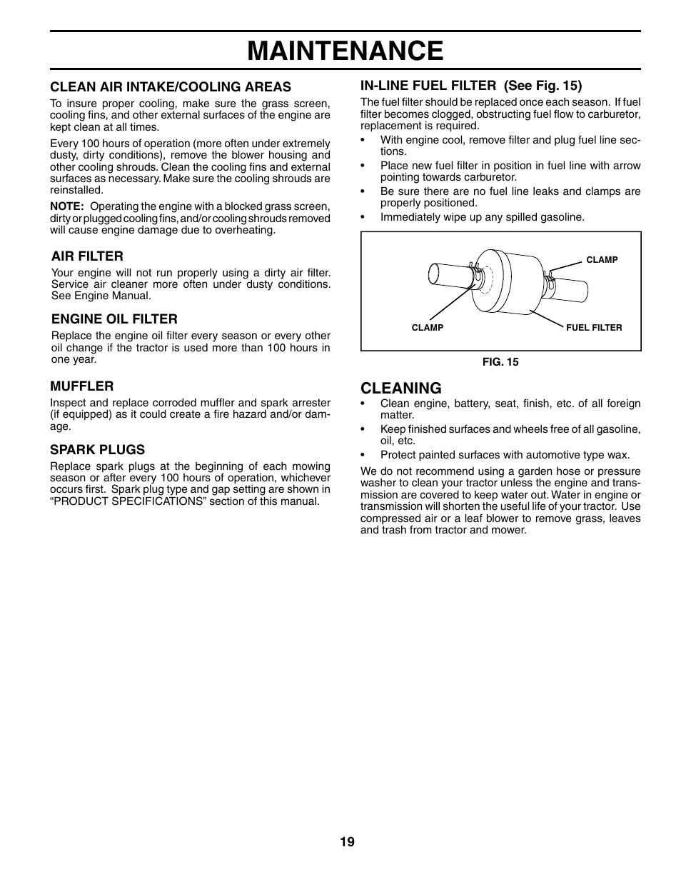 Maintenance, Cleaning | Poulan 184433 User Manual | Page 19 / 48