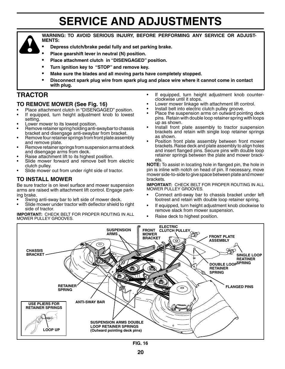 Service and adjustments, Tractor | Poulan 184433 User Manual | Page 20 / 48