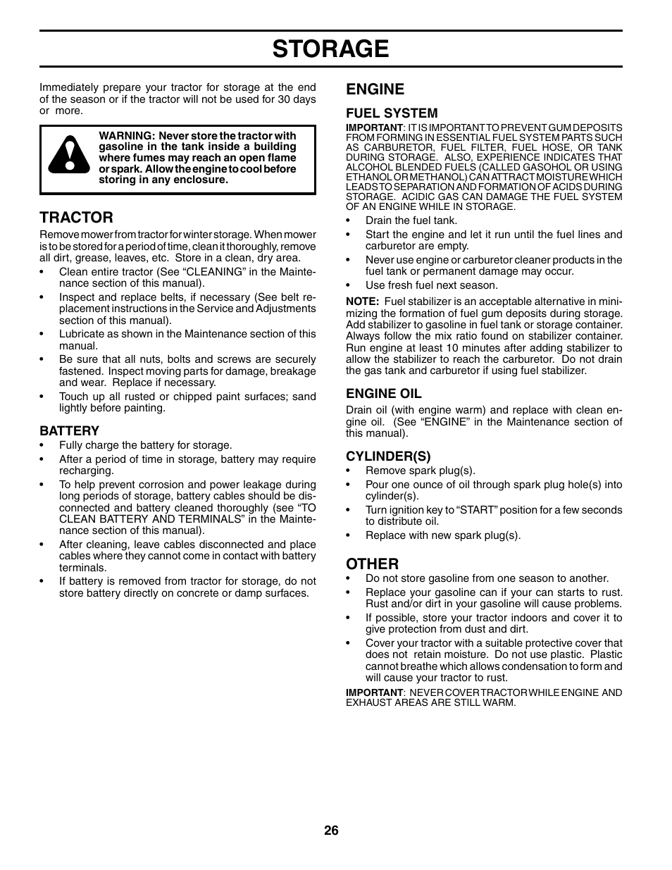 Storage, Tractor, Engine | Other | Poulan 184433 User Manual | Page 26 / 48