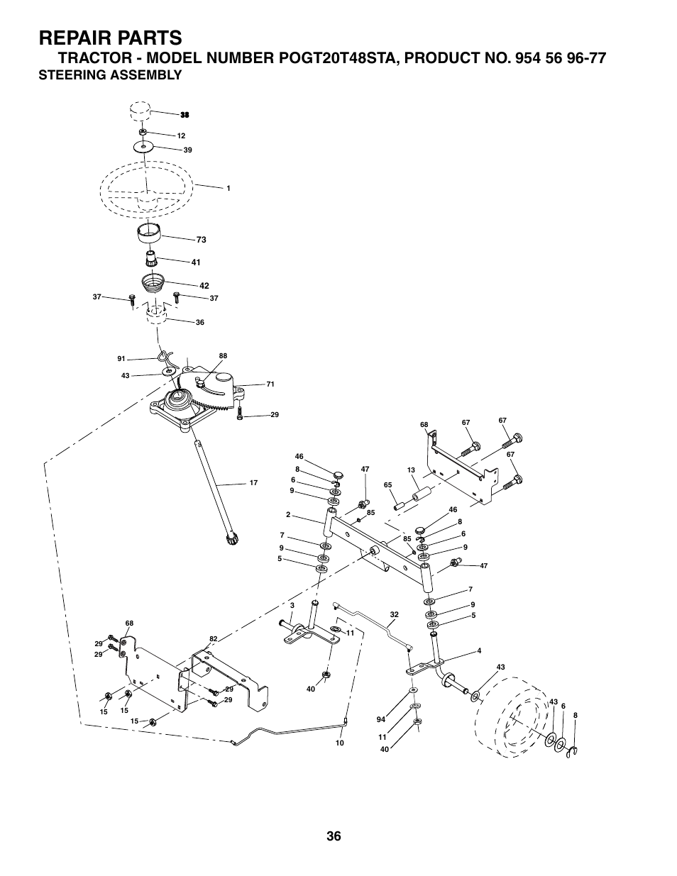 Repair parts, Steering assembly | Poulan 184433 User Manual | Page 36 / 48