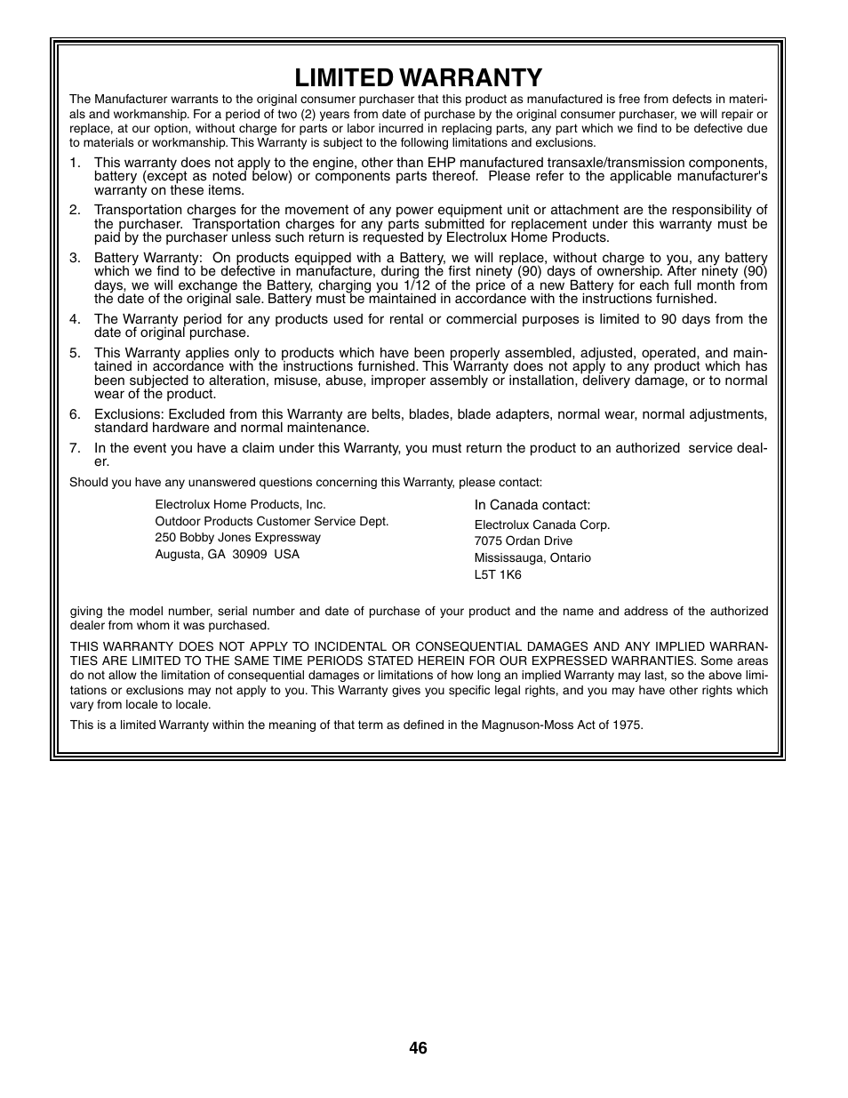Limited warranty | Poulan 184433 User Manual | Page 46 / 48
