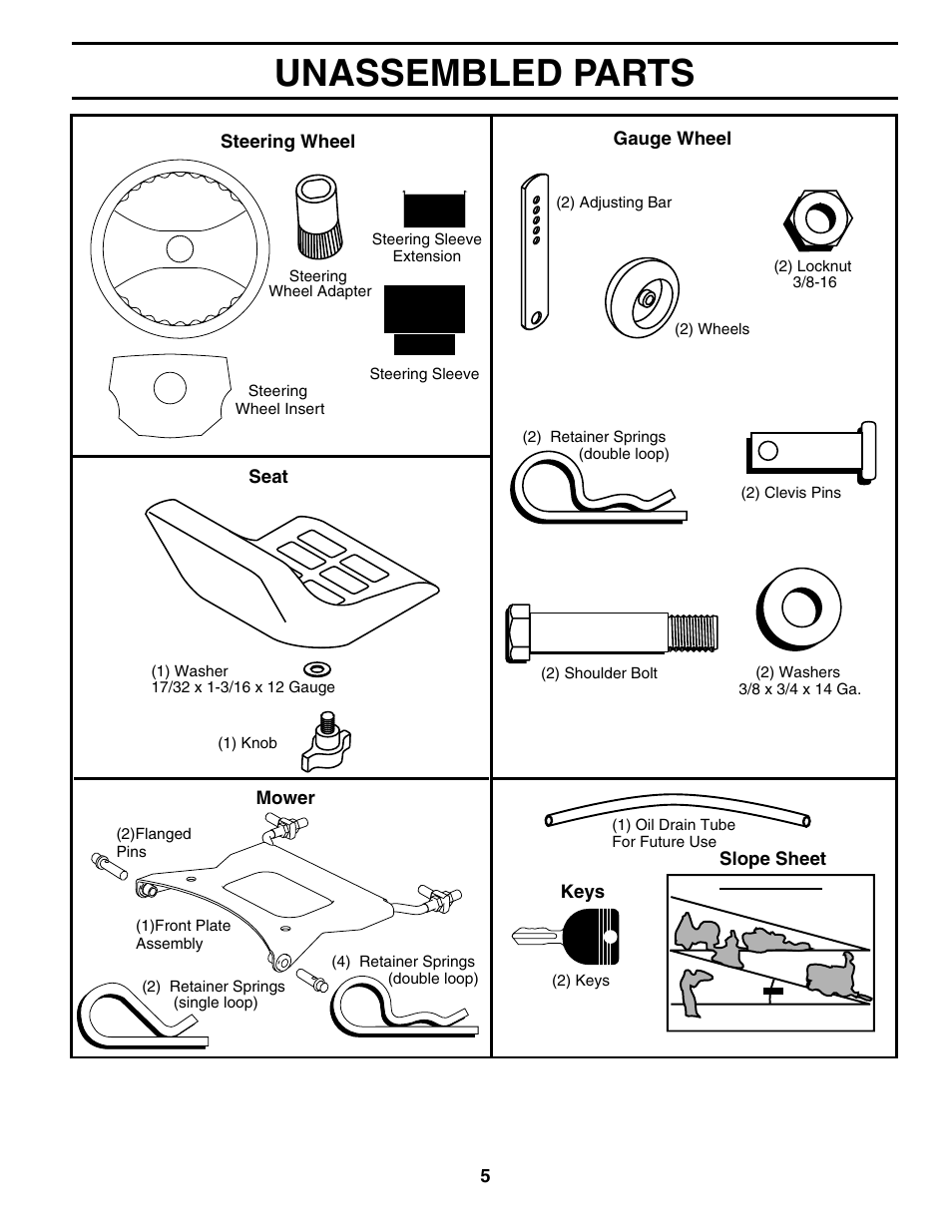 Unassembled parts | Poulan 184433 User Manual | Page 5 / 48