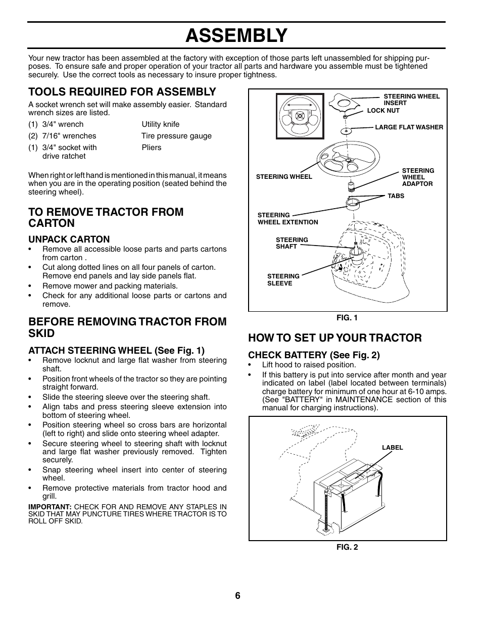 Assembly, How to set up your tractor, Tools required for assembly | Before removing trac tor from skid | Poulan 184433 User Manual | Page 6 / 48
