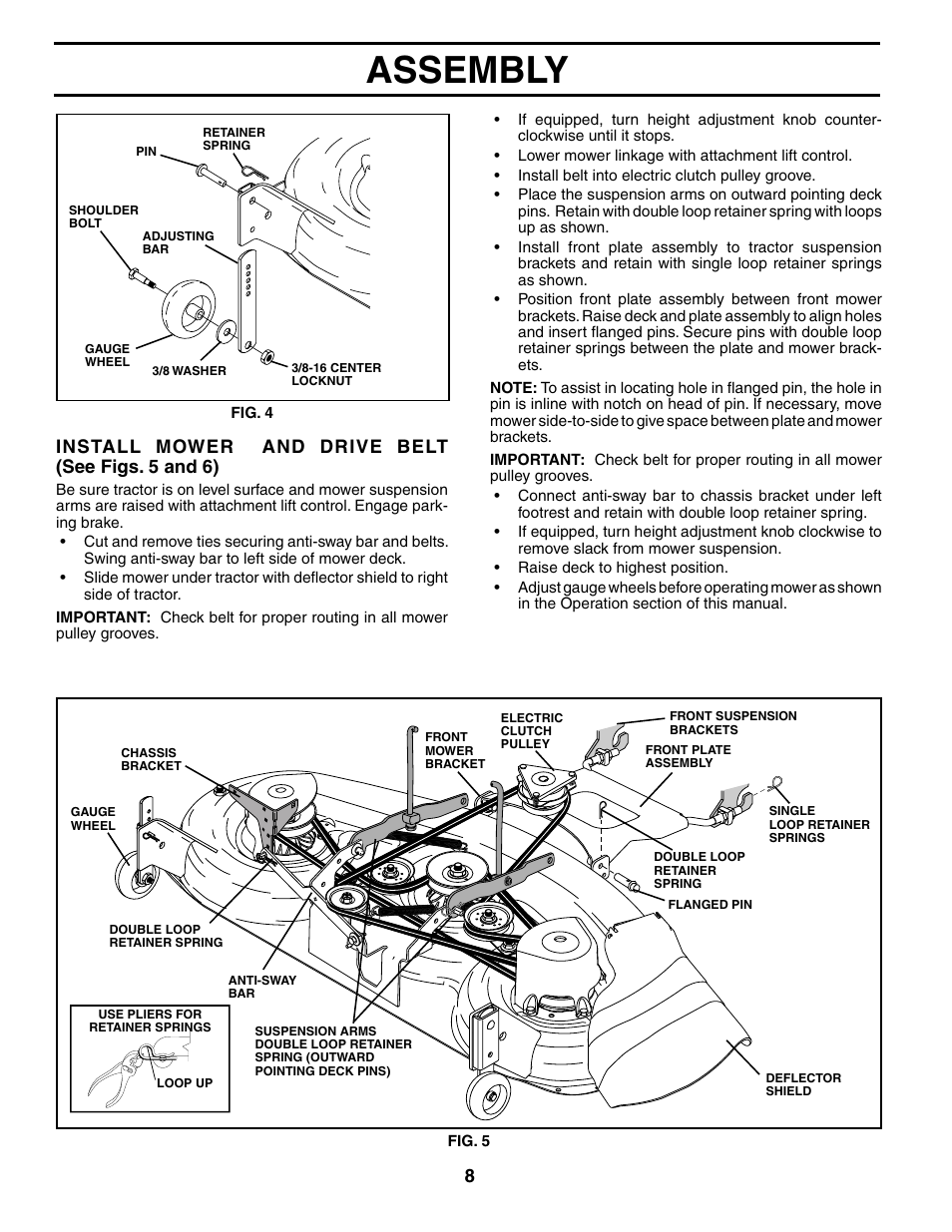 Assembly, Install mower and drive belt (see figs. 5 and 6) | Poulan 184433 User Manual | Page 8 / 48