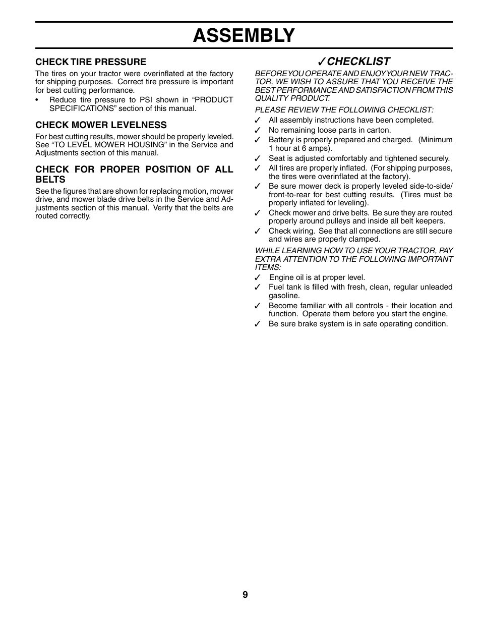 Assembly, Checklist | Poulan 184433 User Manual | Page 9 / 48
