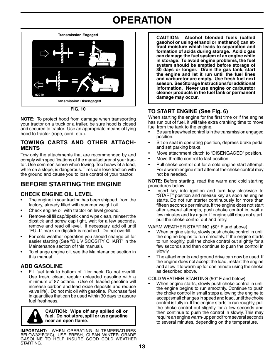 Operation, Before starting the engine | Poulan 186996 User Manual | Page 13 / 48