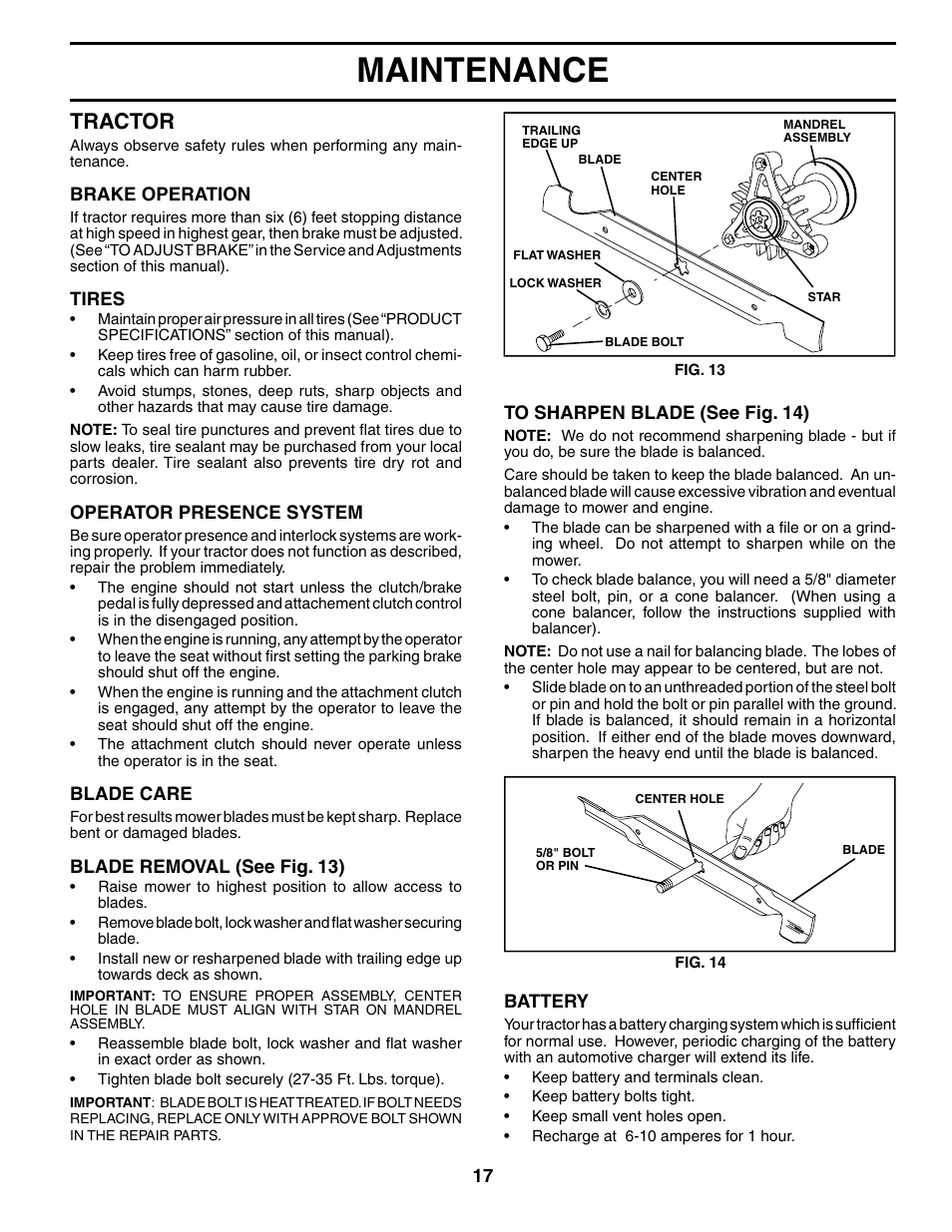 Maintenance, Tractor | Poulan 186996 User Manual | Page 17 / 48