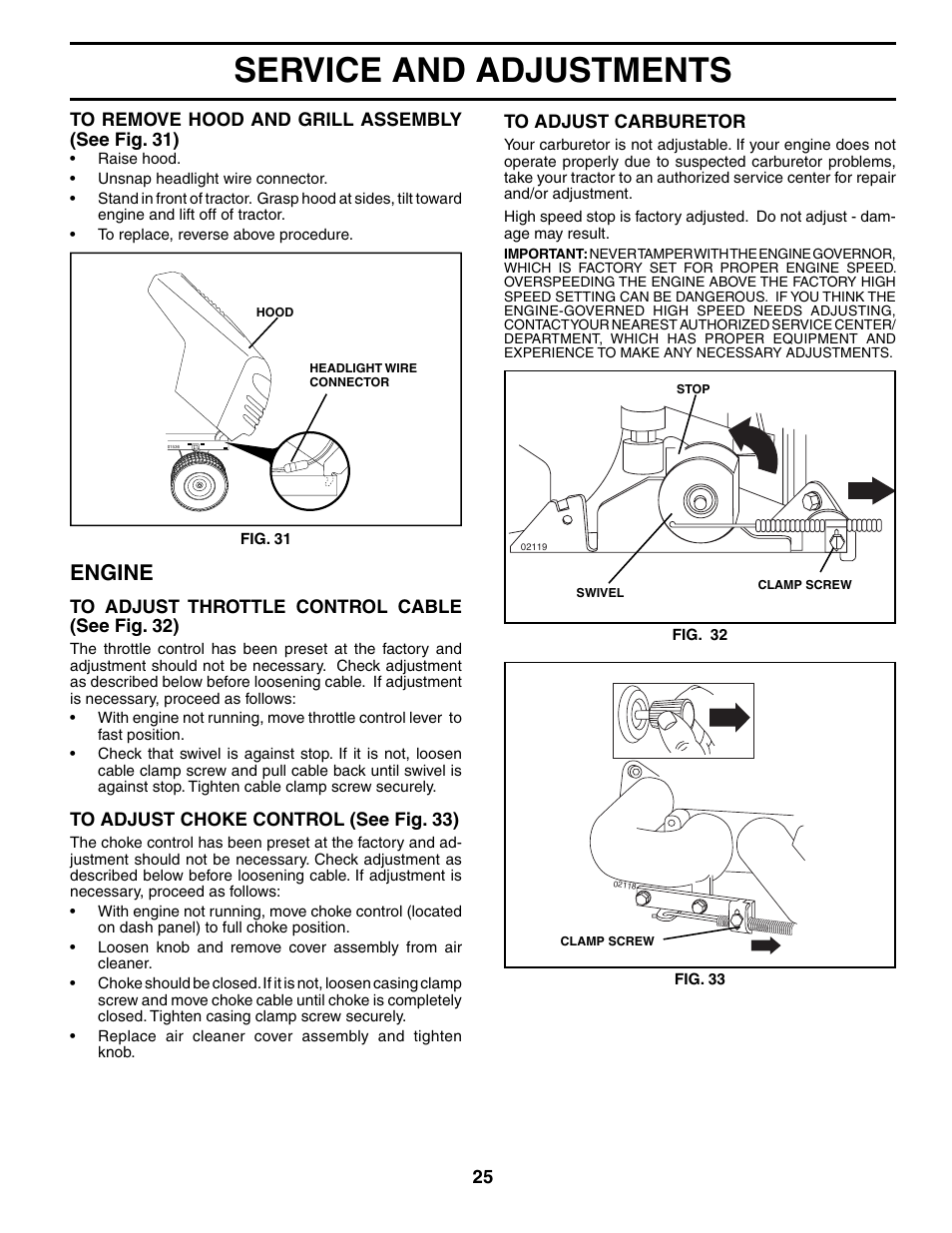 Service and adjustments, Engine | Poulan 186996 User Manual | Page 25 / 48