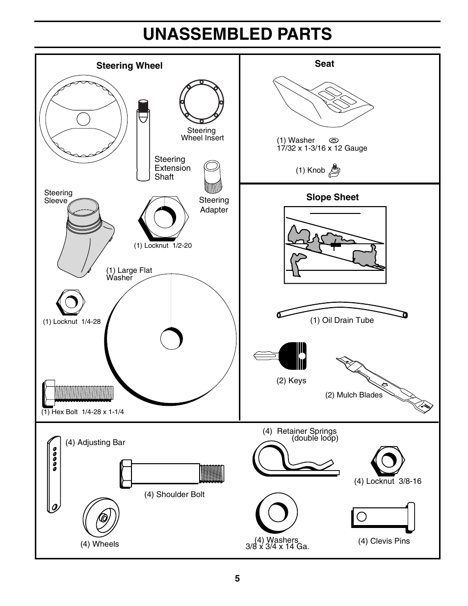 Unassembled parts | Poulan 186996 User Manual | Page 5 / 48