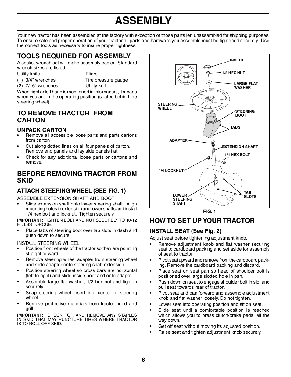 Assembly, How to set up your tractor, Tools required for assembly | Before removing tractor from skid | Poulan 186996 User Manual | Page 6 / 48