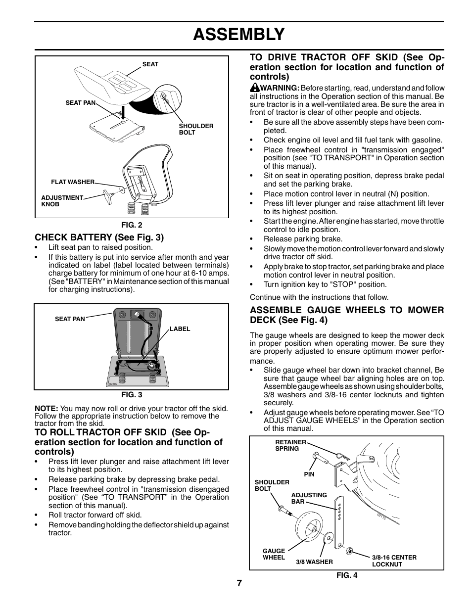 Assembly, Check battery (see fig. 3), Assemble gauge wheels to mower deck (see fig. 4) | Poulan 186996 User Manual | Page 7 / 48
