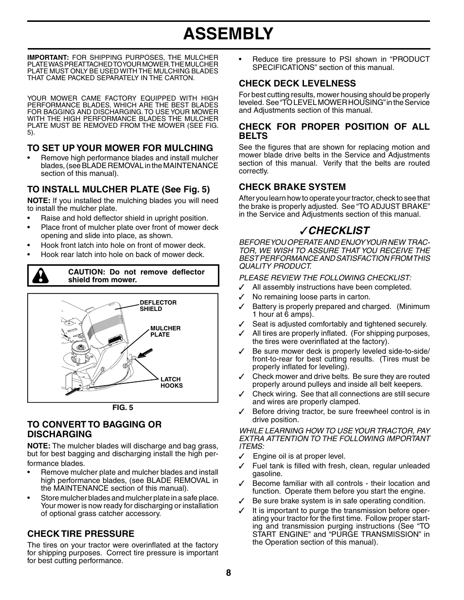 Assembly, Che cklist | Poulan 186996 User Manual | Page 8 / 48