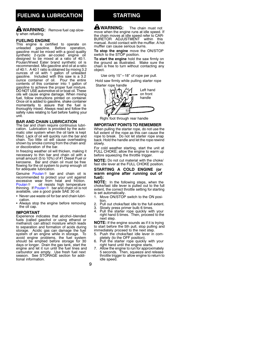 Starting, Fueling & lubrication | Poulan 2002-06 User Manual | Page 9 / 17