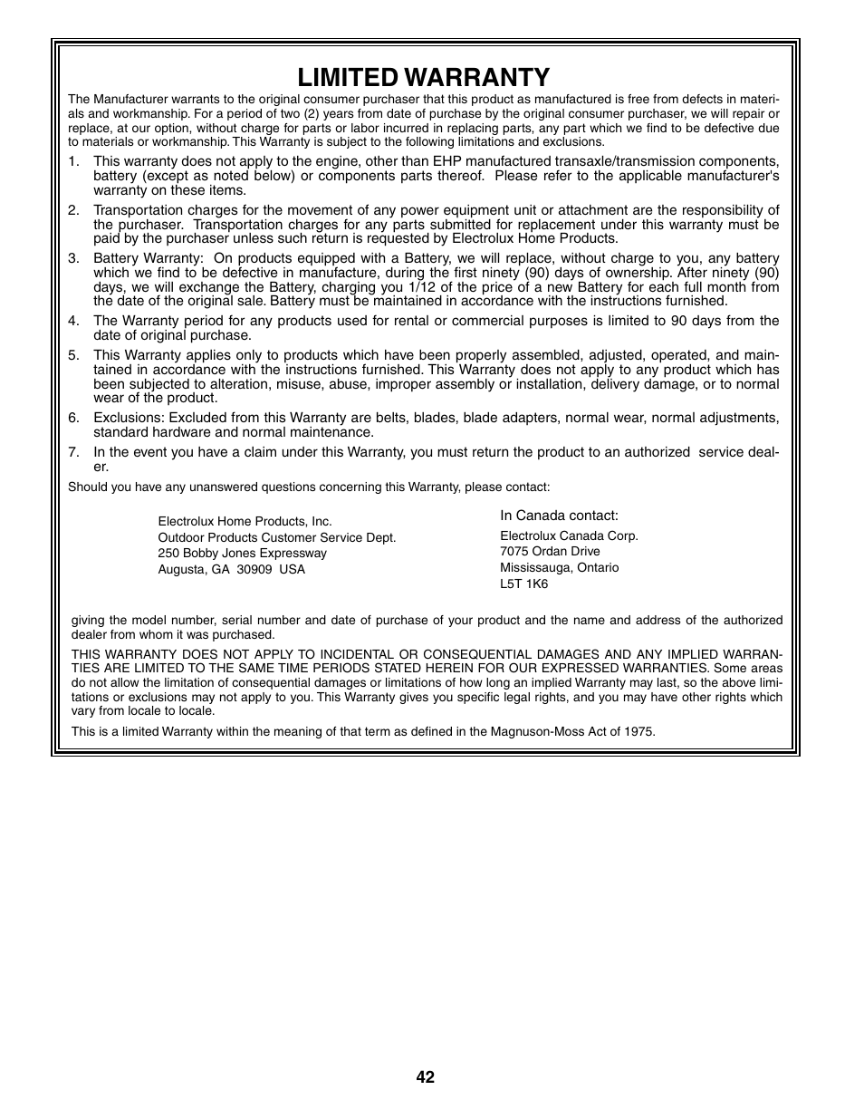 Limited warranty | Poulan 188695 User Manual | Page 42 / 44