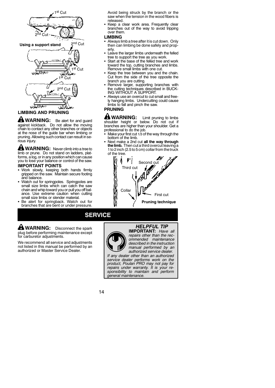 Service, Warning, Helpful tip | Poulan Pro PP3516AVX User Manual | Page 14 / 21