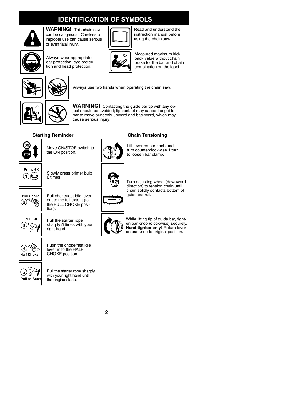 Identification of symbols, Warning | Poulan Pro PP3516AVX User Manual | Page 2 / 21