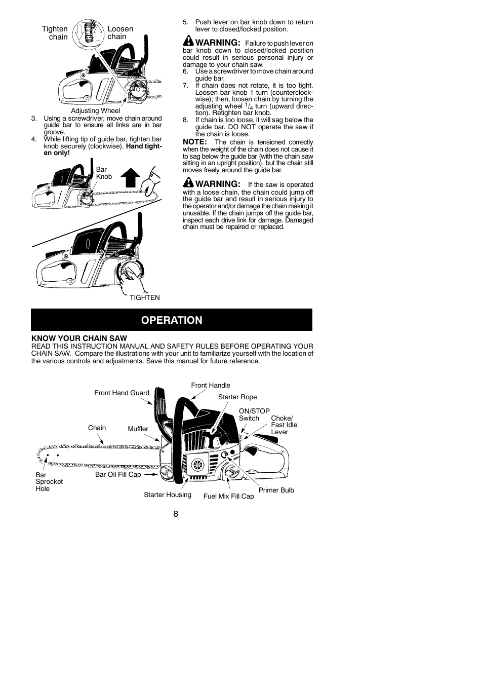 Operation, Warning | Poulan Pro PP3516AVX User Manual | Page 8 / 21