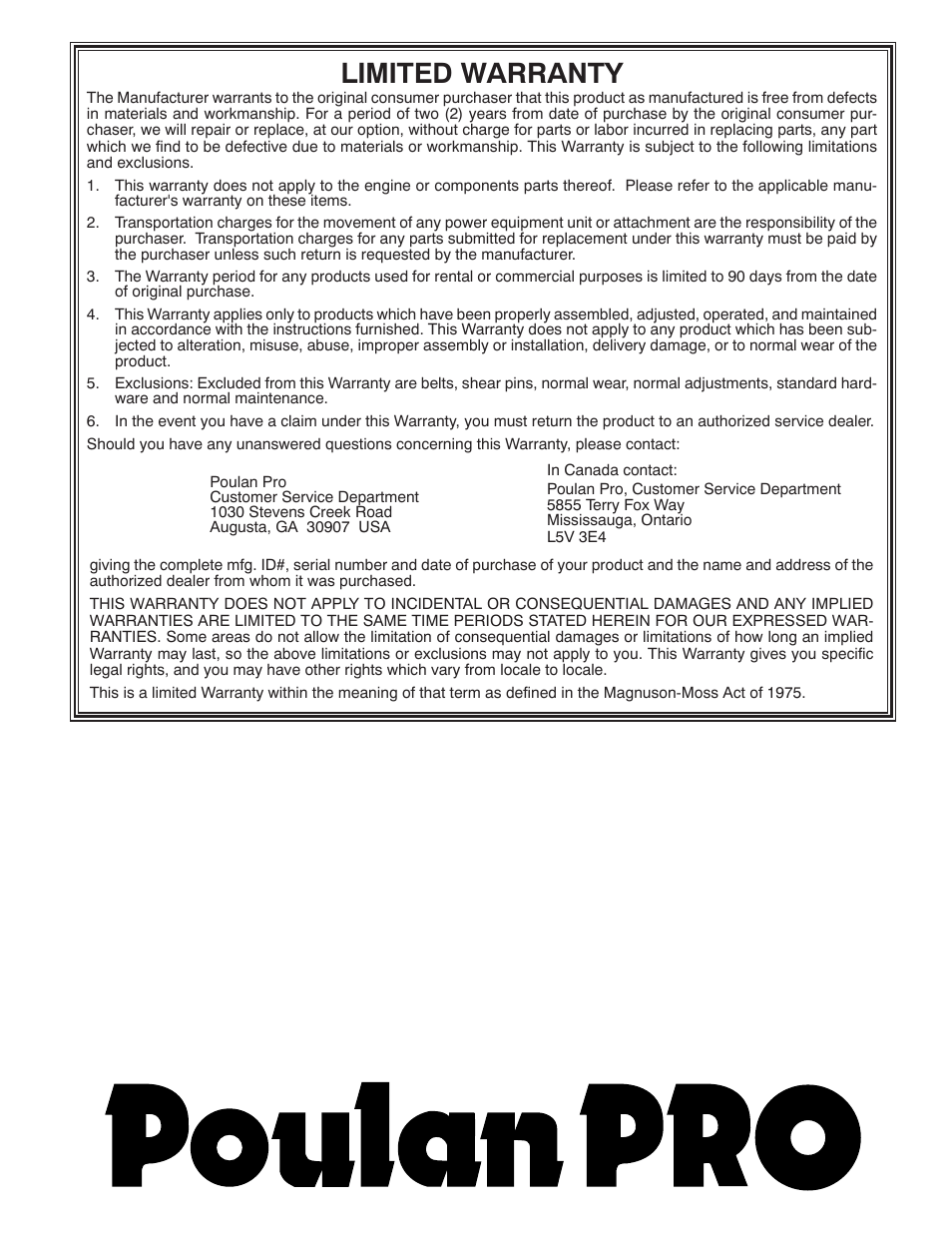 Limited warranty | Poulan 415136 User Manual | Page 32 / 32
