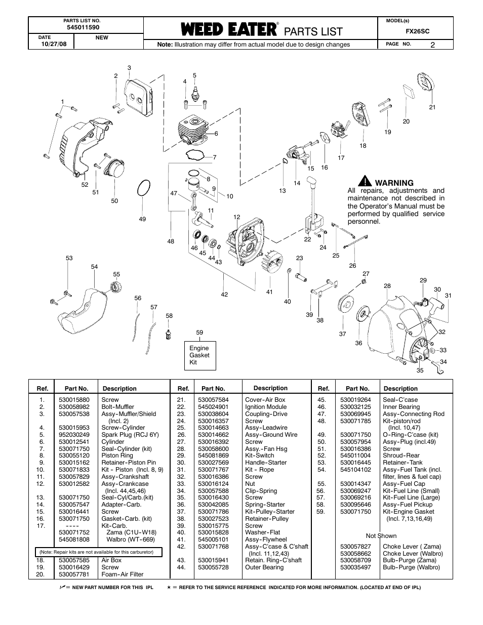 Poulan parts list, Poulan pro parts list paramount parts list, Parts list | Poulan Pro FX26SC User Manual | Page 2 / 2