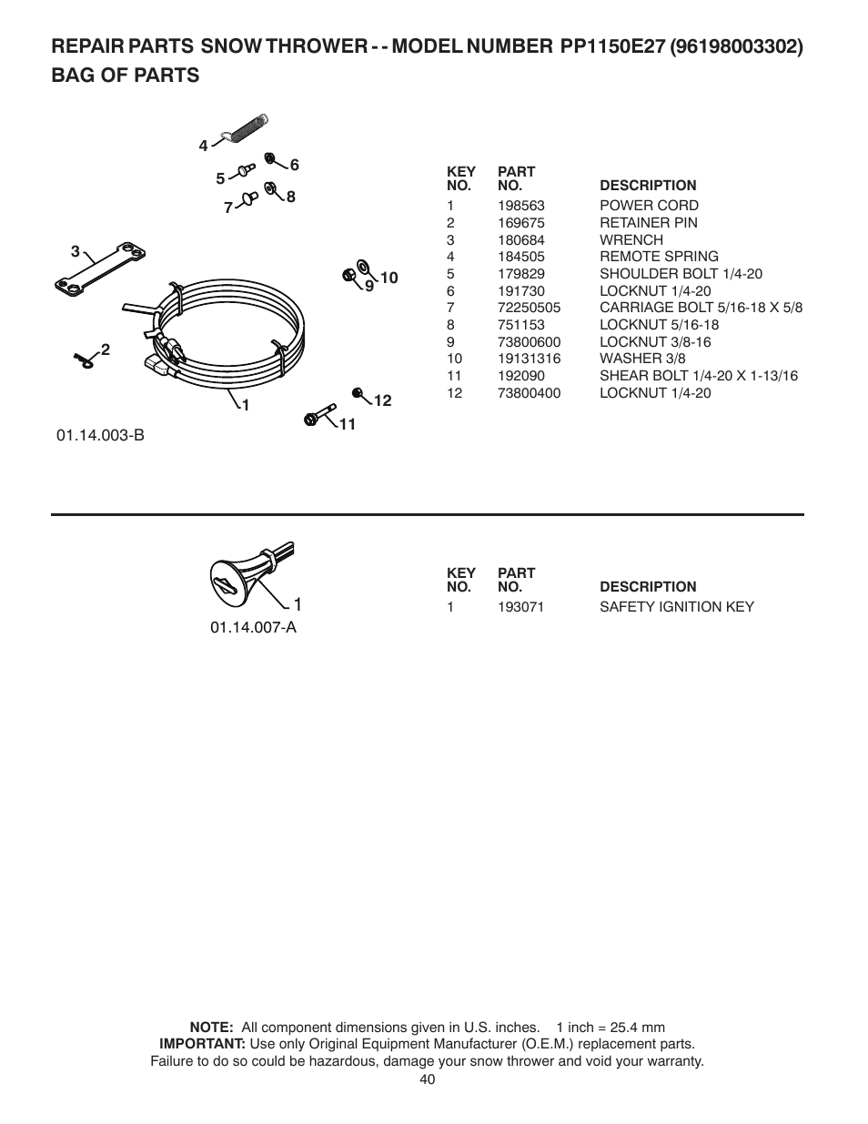 Bag of parts | Poulan 436842 User Manual | Page 40 / 44