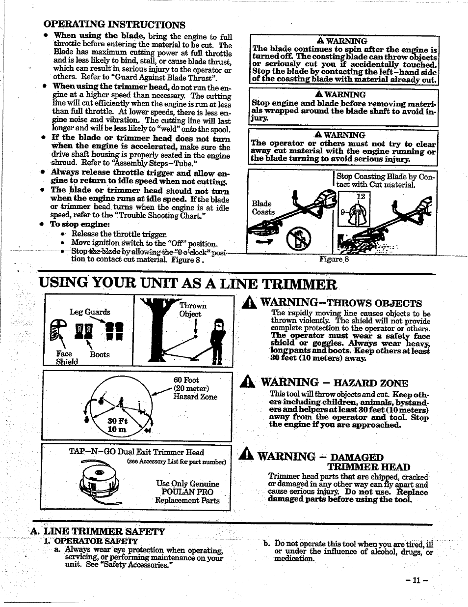 Operating instructions, Using your unit as a line trimmer, A warning - hazard zone | Warning - damaged, Trimmerhead, A. line trimmer safety, Iitl, Warning | Poulan 195 User Manual | Page 11 / 24