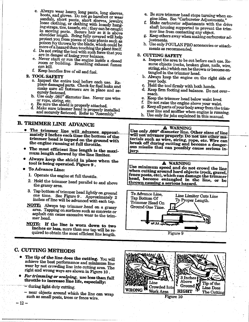 B. trimmer advance, C. cutting methods | Poulan 195 User Manual | Page 12 / 24