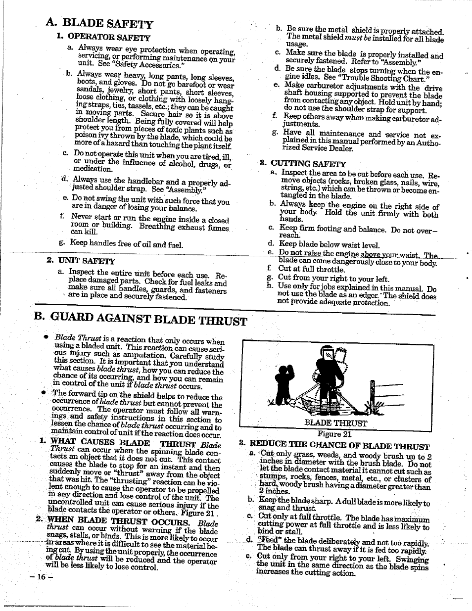 A. blade safety, B. guard against blade thrust | Poulan 195 User Manual | Page 16 / 24