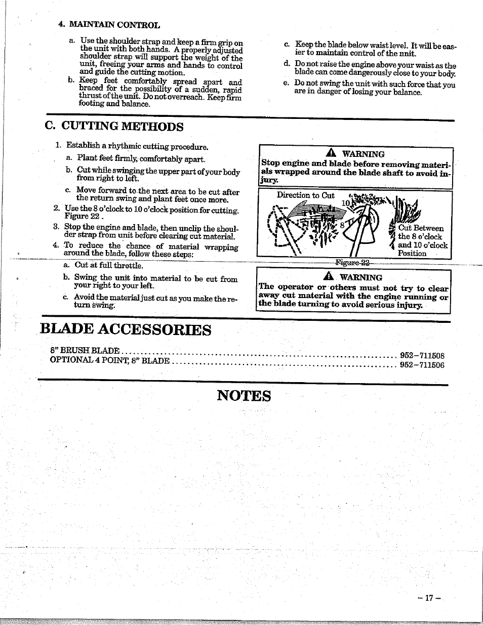 Blade accessories, Notes, C. cutting methods | Poulan 195 User Manual | Page 17 / 24