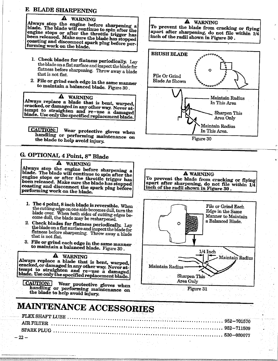 E blade sharpening, G. optional 4 point, 8” blade, Maintenance accessorjes | Poulan 195 User Manual | Page 22 / 24