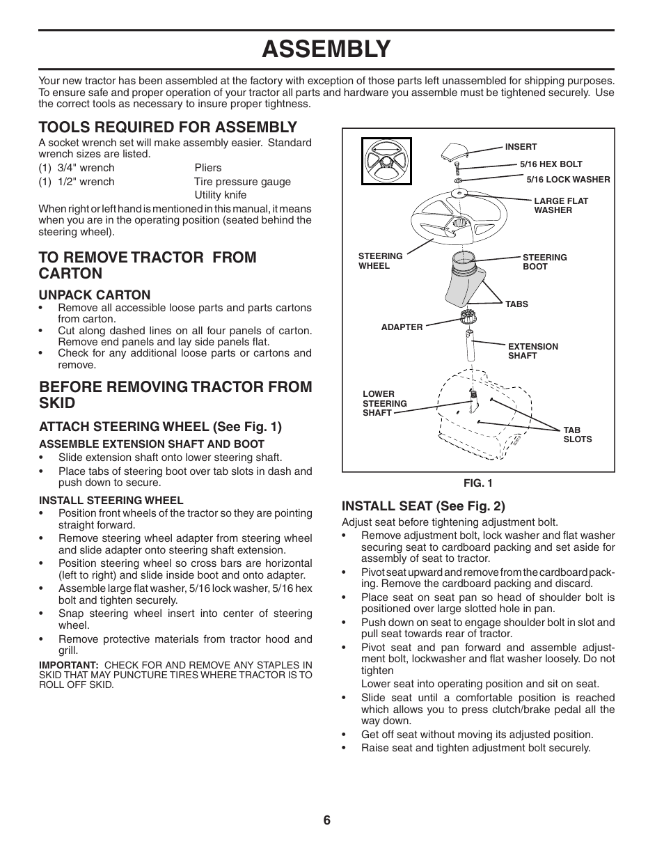 Assembly, Tools required for assembly, Before removing tractor from skid | Poulan 405327 User Manual | Page 6 / 30