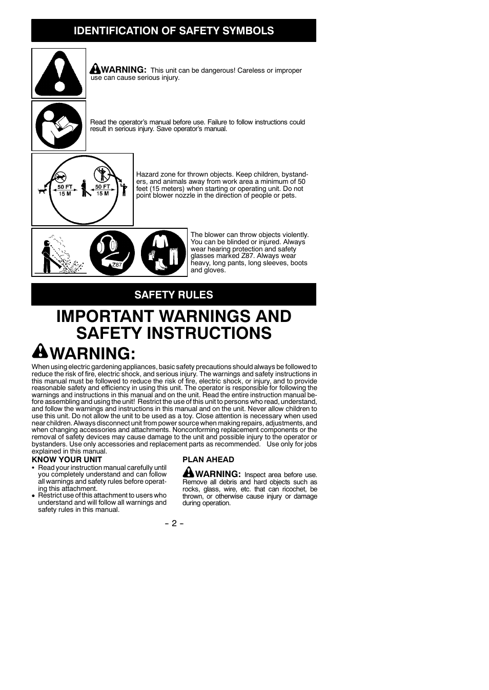 Important warnings and safety instructions warning, Identification of safety symbols, Safety rules | Poulan 545212828 User Manual | Page 2 / 7