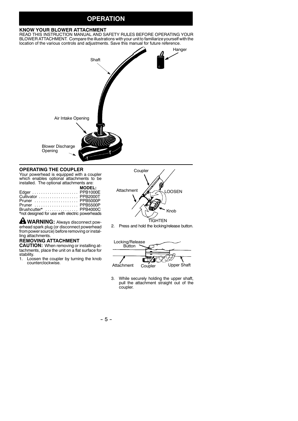 Operation, Warning | Poulan 545212828 User Manual | Page 5 / 7